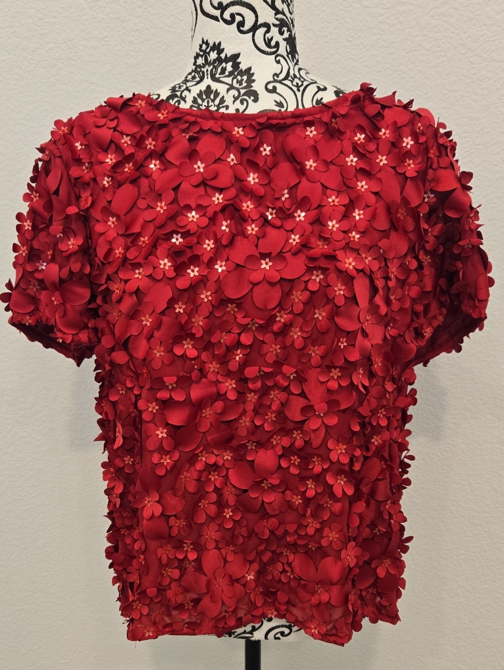 Anthropologie Red 3D Floral Appliqué Short Sleeve Top